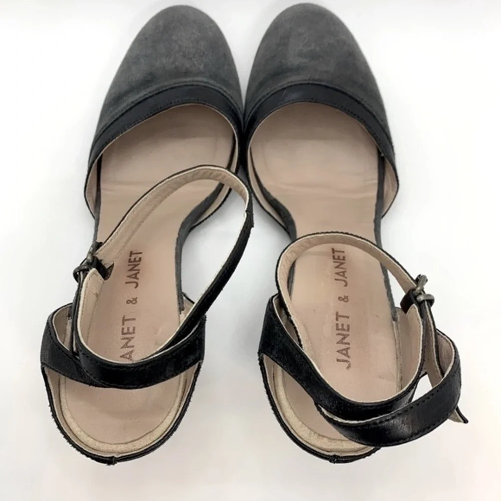 Janet & Janet Round Toe Single Strap Heel Gray Black 39EU Career Academia Office